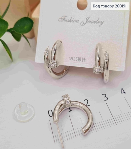 Сережки гвіздки срібноного кольору, КАРТЬЄ з Блискучими камінцям, 2см, Stainless Steel 260191 фото 2