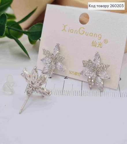 Сережки гвіздки срібного кольору, "Кленове листя" в камінцях (1,8см),сталь XianGuang 260203 фото 2