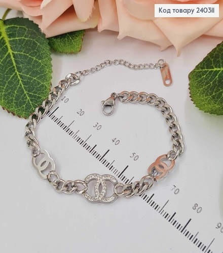 Браслет срібного кольору, "Шанель"  панцирне плетіння, 17+3,5см сталь Stainless Steel 250005 фото 2