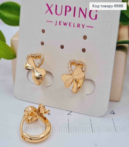Сережки кільця "Серце з Бантиком" з Блискучими камінцями, (1см), діаметр 1,2см, Xuping 18K 119188 фото 2