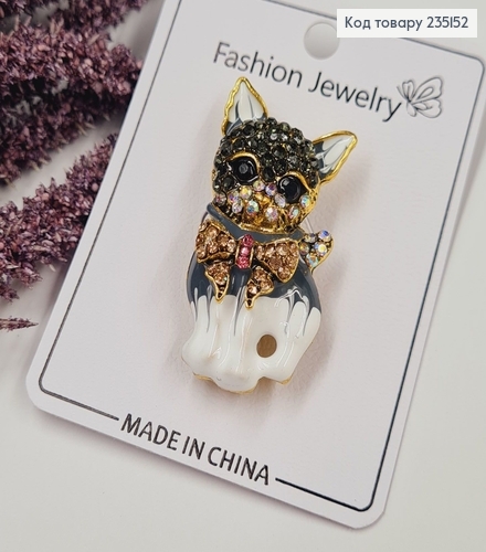 Брошка "Кот с бантиком" в разноцветных камушках 4.5*2 см, cеро-белая эмаль. 235152 фото 3