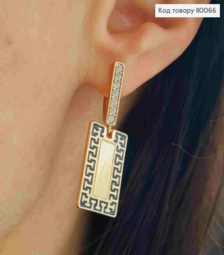 Серьги ВЕРСАЧЕ с Блестящими камешками и Черной эмалью, 1,6+1,9см, английская застежка, Xuping 18K 110066 фото 3