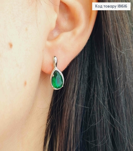 Серьги родованные "Капелька Надежды" с Зеленым камнем, 1,7см, английская застежка, Xuping 181616 фото 2