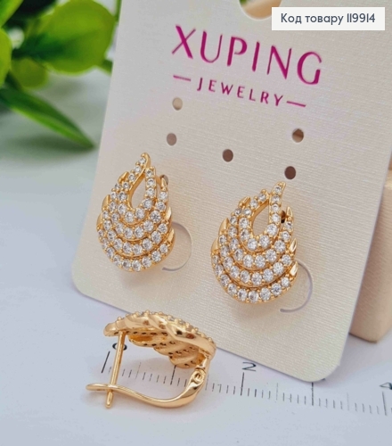Сережки "Вогники" прикрашені Блискучими камінцями, 1,6см, англ застібка, XUPING 18K 119914 фото 2