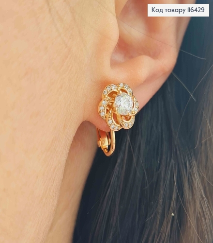 Серьги, С большой розой и камнем, 1см, клипси на закрутке, Xuping 18К 116429 фото 2