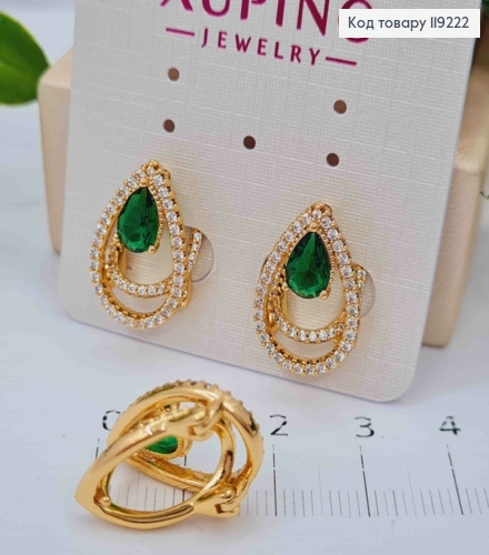 Сережки "Краплинки" з Зеленим каменем, 1,8см, італіййська застібка, Xuping 18K 119222 фото 3
