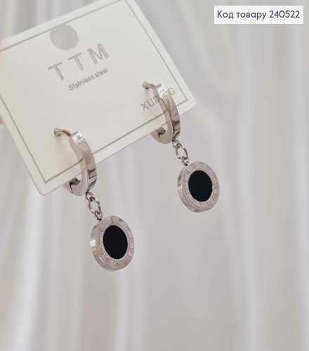 Сережки кільця, Римський годинник, срібного кольору з чорною вставкою, Stainless Steel 240522 фото 2