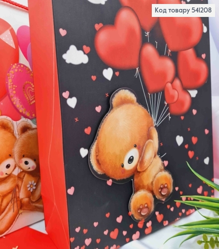 Пакет бумажный с 3D наклейкой "Медвежонок с Воздушными шариками", 32*26*10см, в ассортименте 541208 фото 3