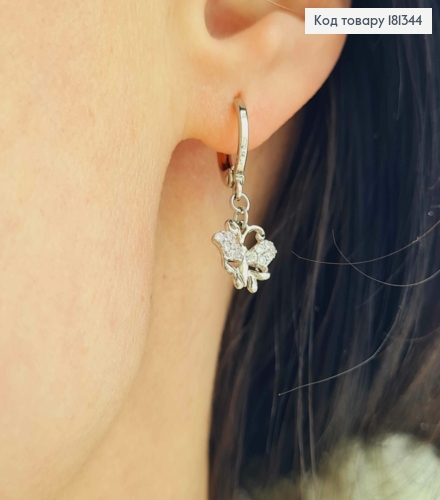 Серьги кольца 1см, с подвеской ажурной бабочкой с камешками, Xuping 18К 181344 фото 2