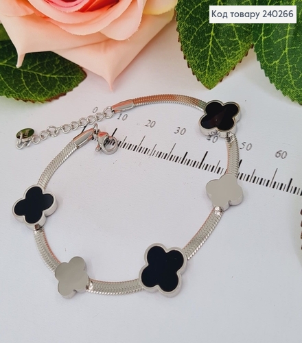 Браслет 17.5+3.5 см Van Cleef плоский снейк с чёрной эмалью, цвет серебряный, Stainless Steel 240266 фото 2