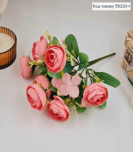 Композиция декоративная "РОЖЕВАЯ камелия (7 головок) с белыми приложениями", высота 31см 551220-1 фото 2