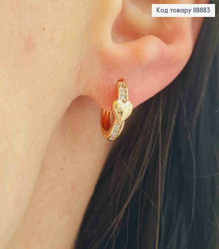 Сережки кільця з Серцем та Блискучими камінцями, діаметр 1,3см, Xuping 18K 118883 фото 2