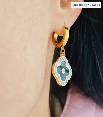 Серьги кольца, с подвесками "Van Cleef" с камешками, 1,5см, лимонные, сталь Stainless Steel 260036 фото 2