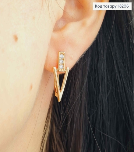 Серьги "Треугольники" украшены камешками, размер 2,1см, английская застежка, Xuping 18K 118206 фото 3