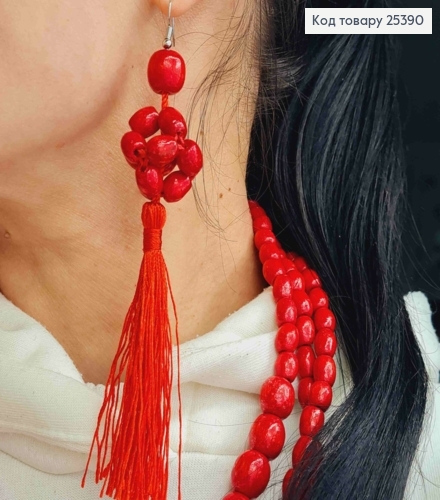 Серьги крючки из Деревянных бусин + Кисточка, Красного цвета, 3,4+8,5см, Ручная работа 25390 фото 4