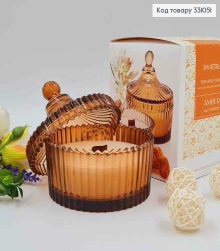 Парфумована СОЄВА свічка у склі (10*5см) з кришкою(7см),дерев"яний гніт,AMBER & TUBEROSE,150г/25год 331051 фото 2