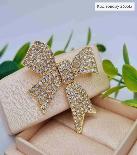 Брошь металл "БАНТИК" украшена Блестящими камешками, 4*4,5см, Золотого цвета 235513 фото 2