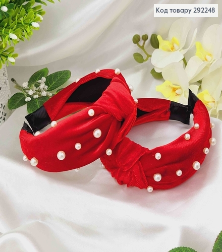 Обруч велюр Чалма з бусинками, колір ЧЕРВОНИЙ, ручна робота, Україна 292248 фото 2