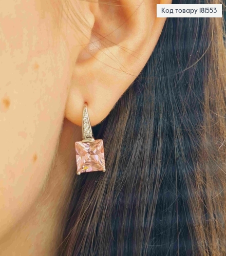 Серьги родованные с квадратным розовым камнем, 1,9см, английская застежка, XUPING 181553 фото 3