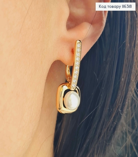 Сережки Стрелы в камешках, с квадратной пластинкой и жемчужиной, 3,1см, англ. застежка. Xuping 18К 116318 фото 2