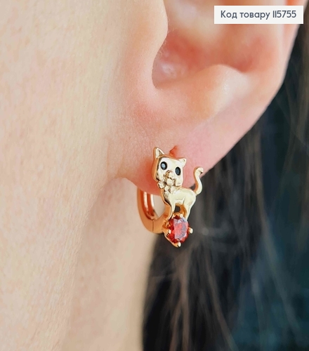 Сережки кільця 1см, Котики з червоненьким камінцем, Xuping 18K 115755 фото 2