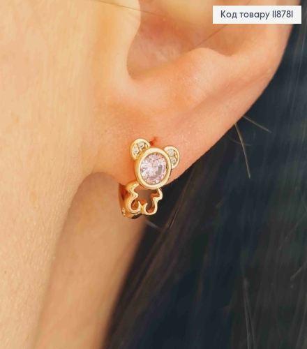 Сережки кільця (1см), "Ведмедик" з Рожевим каменем (1см), XUPING 18K 118781 фото 2