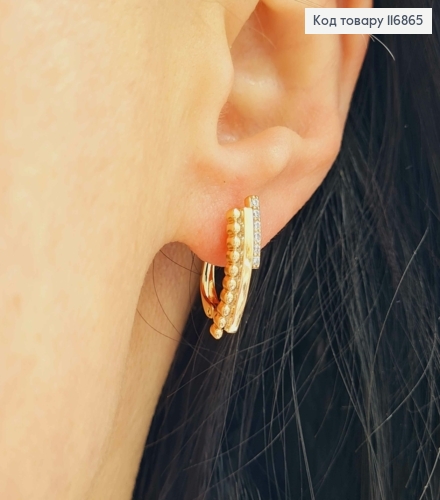 Сережки пластинки, "Три лінії" з кульками та камінцями, 1,6см, англ.заст. Xuping 18К 116865 фото 2