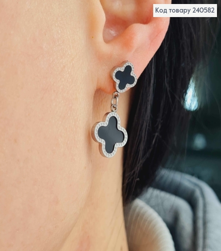 Серьги гвоздики серебряного цвета, с черной эмалью, двойные "Van Cleef", 1,6см, Stainless Steel 260055 фото 2