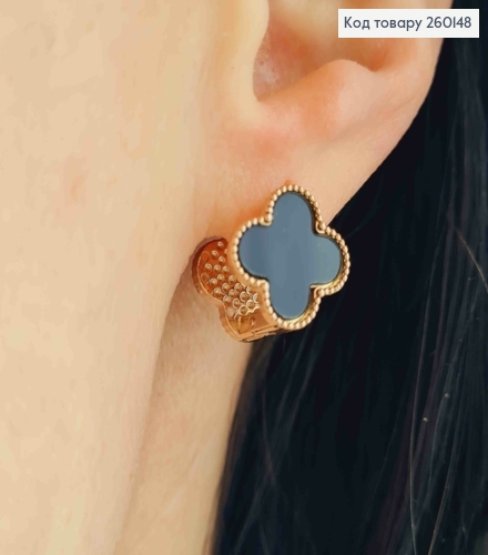 Серьги медного цвета, "Van Cleef" двойные с Черной эмалью, 1,3см, сталь Stainless Steel 260148 фото 2