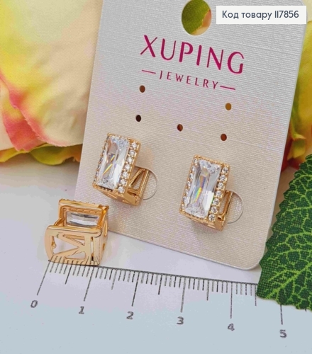 Серьги кольца, "Квадратные" с большим блестящим камнем, 1,1*0,8см, Xuping 18К. 117856 фото 2