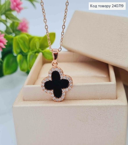 Цепочка медного цвета, с подвеской Van Cleef с черной эмалью, 40+5см, сталь Stainless Steel 240719 фото 2