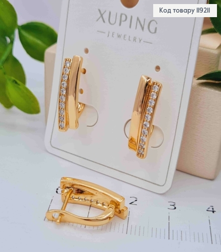 Сережки Прямокутні прикрашені Блискучими камінцями, 1,8см, англійська застібка, Xuping 18K 119211 фото 2