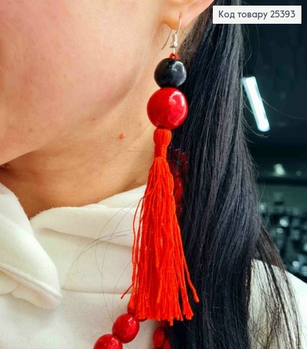 Серьги крючки из Деревянных бусин + Кисточка, Черно-Красного цвета, 4+8см, Ручная работа 25393 фото 2