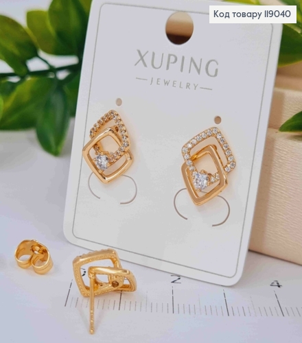 Серьги гвоздики, два Ромба украшены Блестящими камешками, 1,4см, XUPING 18K 119040 фото 2