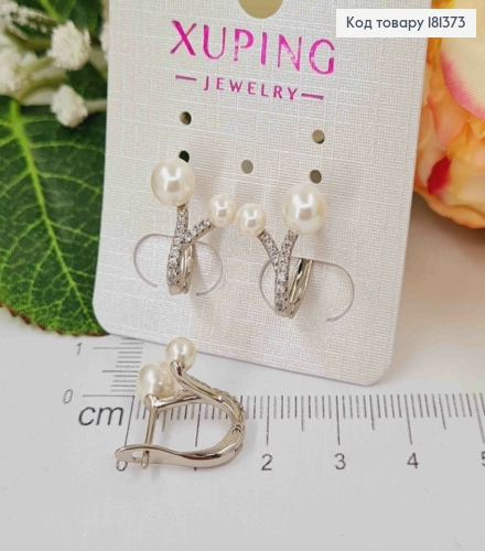 Серьги родованные, в камнях, С двумя жемчужинами, 1,5см, англ. Xuping 181373 фото 2
