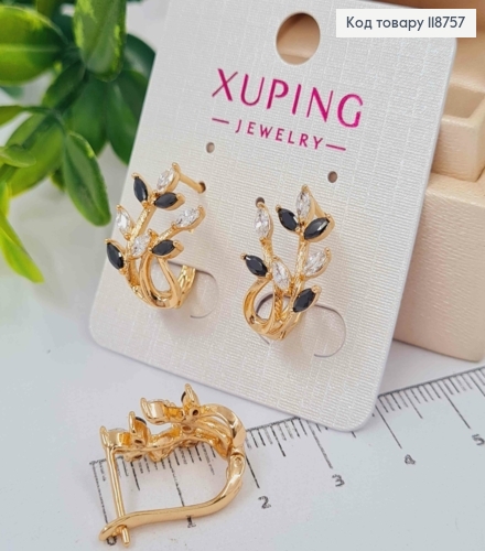Серьги "Веточка Лозы" с Блестяще-Черными камешками, 1,8см, английская застежка, Xuping 18K 118757 фото 2