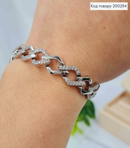 Браслет родованный плетение РОМБОВЫМИ звеньями с Блестящими камешками, длина 16,5+3см, Xuping 200294 фото 2