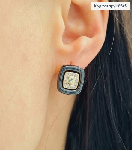 Серьги "Квадратные" украшены Черной эмалью и Блестящими камнями, 1,4см, англ. 118545 фото 2