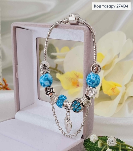 Браслет под Пандору 18см серебряного цвета с бирюзовыми шармиками. 274194 фото 2