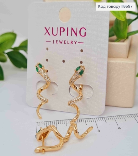 Серьги "Змея" в Блестящих камнях и Зелеными глазами, 2,7см, английская застежка, Xuping 18К 118697 фото 2