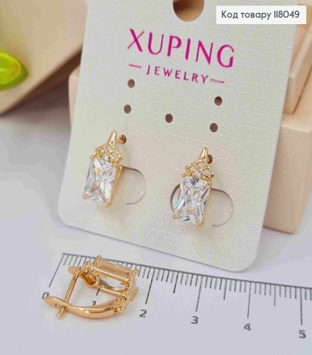 Серьги с блестящим квадратным камешком, 1,4см, английская застежка, Xuping 18K. 118049 фото 2