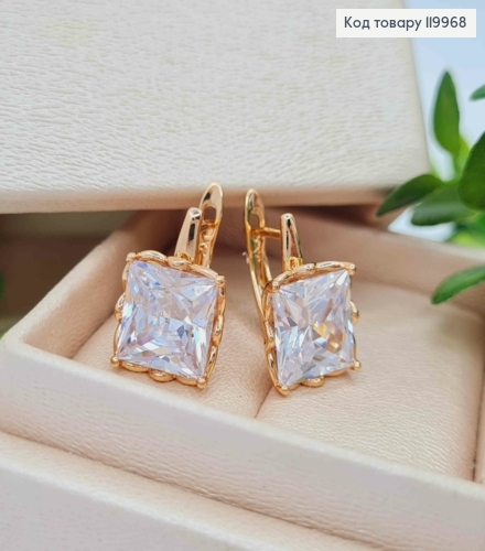 Сережки з квадратним Вишукно-Блискучим каменем, довж. 1,5см, англійська застібка, Xuping 18K 119968 фото 3