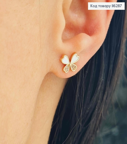 Серьги гвоздики, Бабочки с белой эмалью и камешками, 0,7см, Xuping 18К 116287 фото 2
