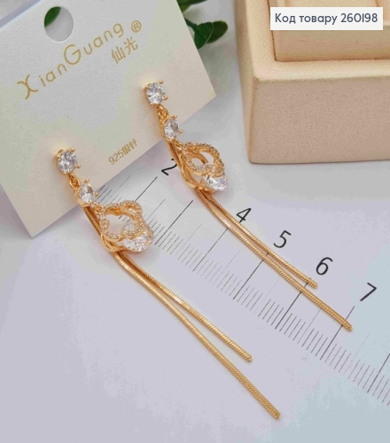 Сережки гвіздки золотого кольору, Van Cleef з Ланцюжками в камінцях (6,8см),сталь XianGuang 260198 фото 3