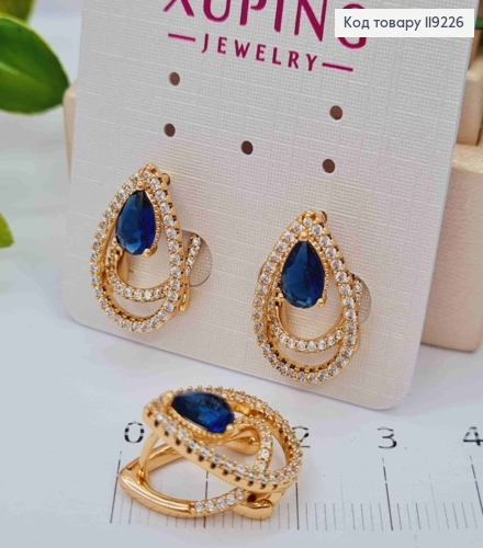 Сережки "Краплинки" з Синім каменем, 1,8см, італіййська застібка, Xuping 18K 119226 фото 2