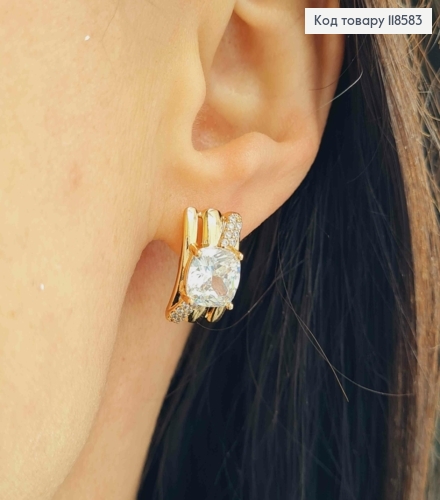 Серьги "Прямоугольные" с Большим Блестящим камнем, 1,6см, английская застежка, Xuping 18К 118583 фото 3