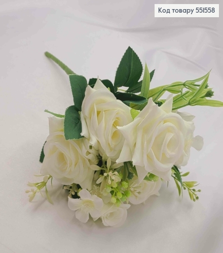 Искусственная композиция Розы, БЕЛОГО цвета, 7 веточек на металлическом стержне, высота30см 551558 фото 2