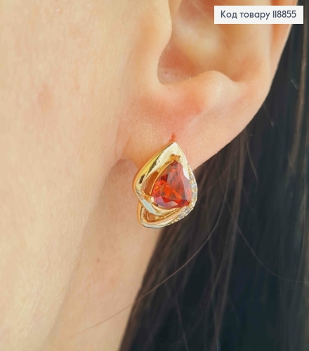 Серьги "Космическая Капелька" с Красным камнем, 1,4см, английская застежка, Xuping 18К 118855 фото 2