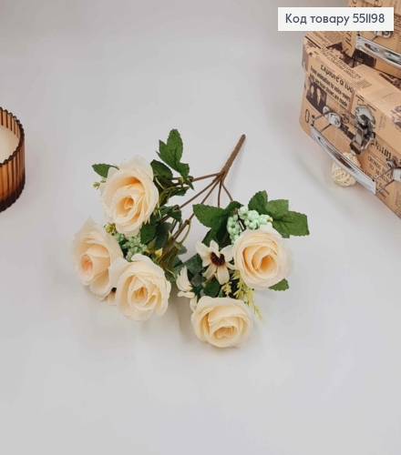 Композиция "Букет МОЛОЧНЫЕ розы 5шт+ другие цветы", высота 32см 551198 фото 2