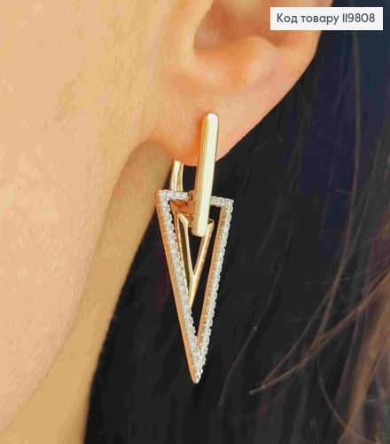 Серьги с подвеской "Треугольники" с Блестящими камешками, 3,4см, английская застежка, XUPING 18K 119808 фото 3